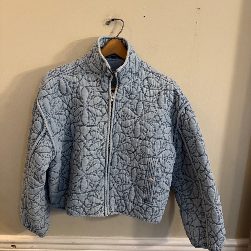 BlankNYC Light Wash Quilted Floral Denim Zip Up Jacket Blue 02JD6549 Medium